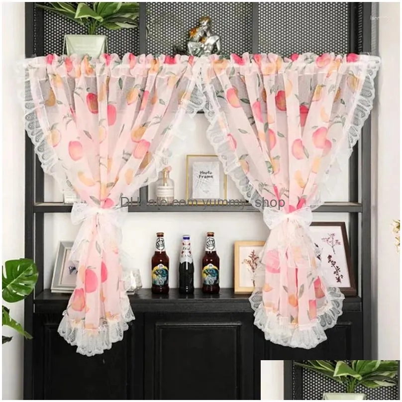 curtain korean short curtan for kitchen small window pink peach print tulle coffee half curtains cabinet obscuration