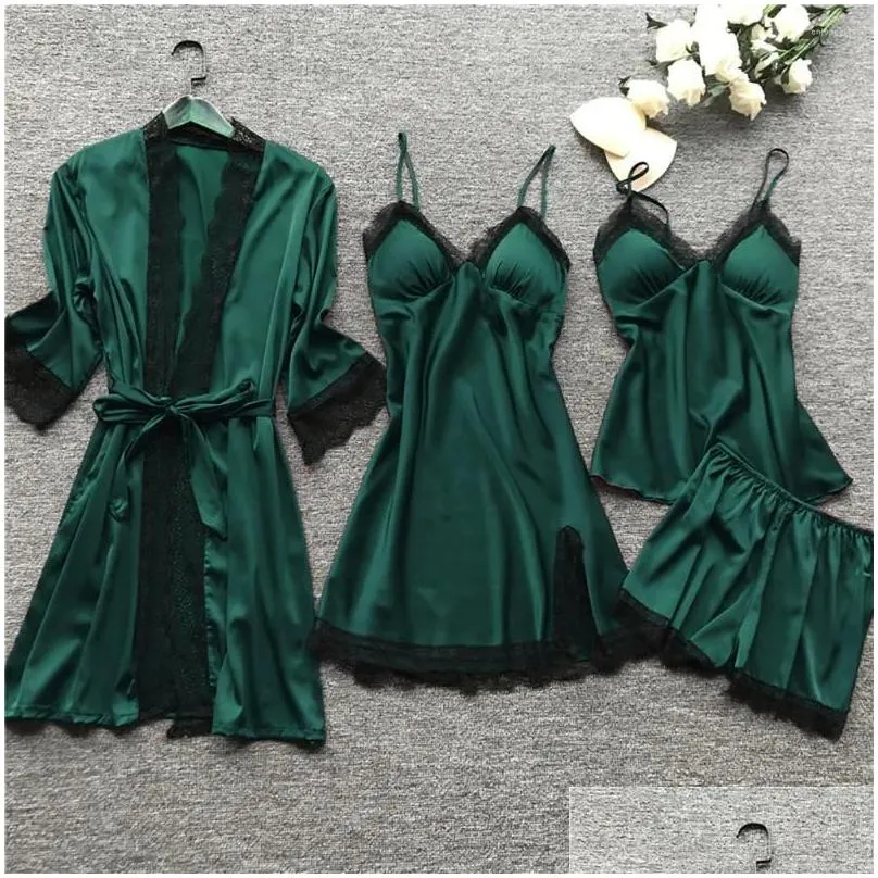 Women`S Sleepwear Womens Silk Women Nightdress Lace Dress Robe Pajamas Set Satin Underwear For Fl Erage Negligee Lingerie Y Drop Deli Dhzdy