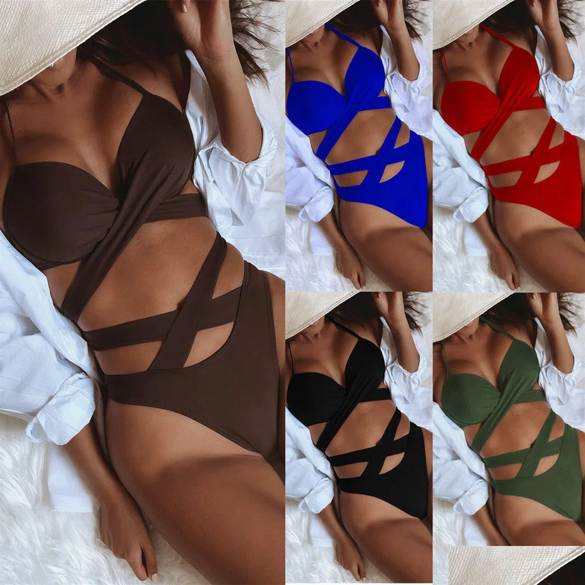 European and American Women`s Bikini Solid Color Sexy Women`s Split Swimsuit High Waist Strap Swimsuit