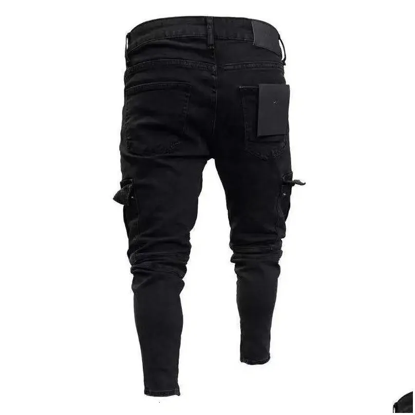 Men`S Jeans Mens Stretch Black Big Side Pockets Cargo Fashion Zipper Small Foot Denim Pants Elastic Jogging Trousers Streetwear 23122 Dhyah