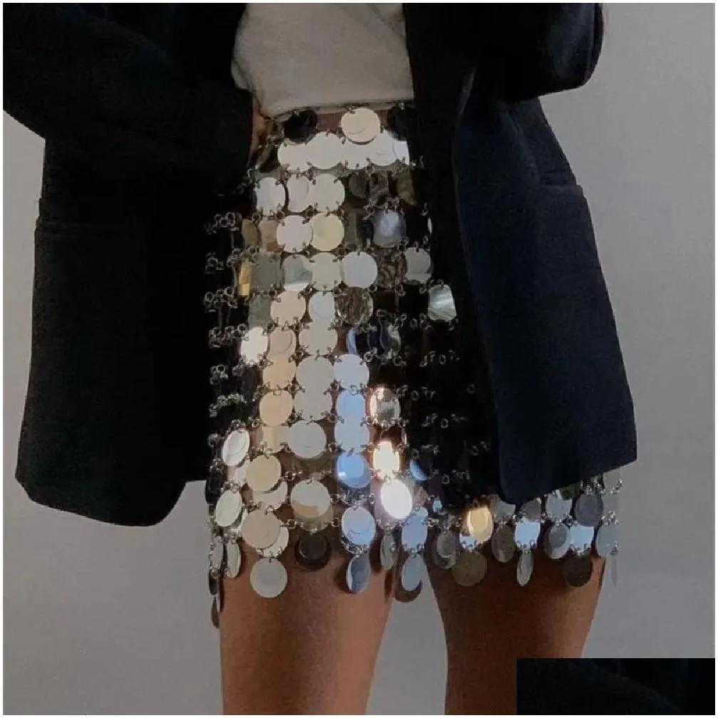 Skirts Solid Y2K Shiny Sequins Y Mini Skirt For Women Hollow Out See Through Circar Sequin Outside Streetwear Lady 240328 Drop Delive Dhwu2