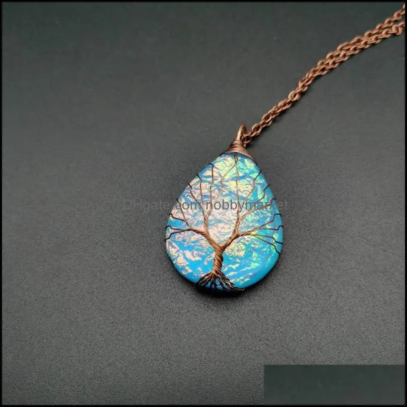 Resin Pendants Handmade Rose Gold Color Tree of Life Wrapped Drop Shaped crystal pendant necklace