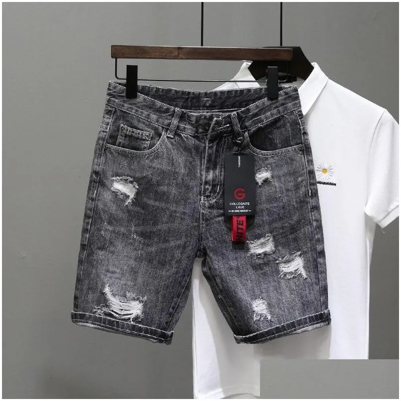 Men`S Jeans Mens Summer Grey Perforated Denim Shorts Korean Fashion Slim Elastic Fivepiece Male Brand Pants 11Styles 230706 Drop Deli Dhnao