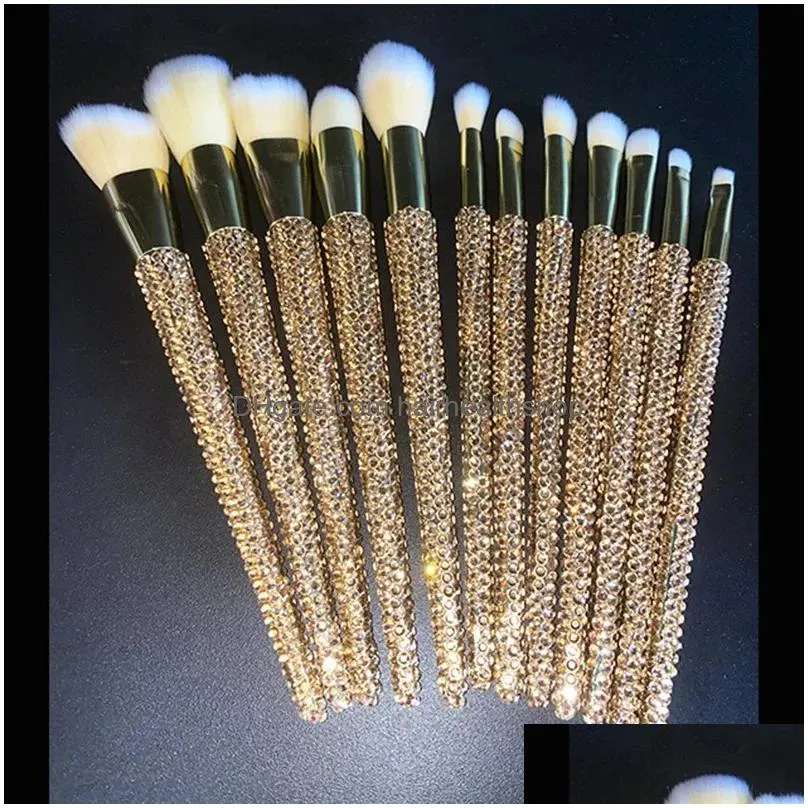 12Pcs/set Diamond-studded Makeup Brushes Gems Makeup Beauty Tools Full Diamond Loose Powder Foundation Concealer Brush Bling 240326