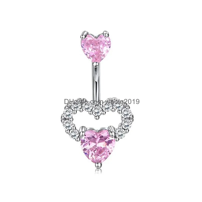 Navel & Bell Button Rings Belly Dangling Women Summer Pink Crystal Color Zircon Star Love Heart Gun Chain Stainless Steel Piercing Bo Dhvjq
