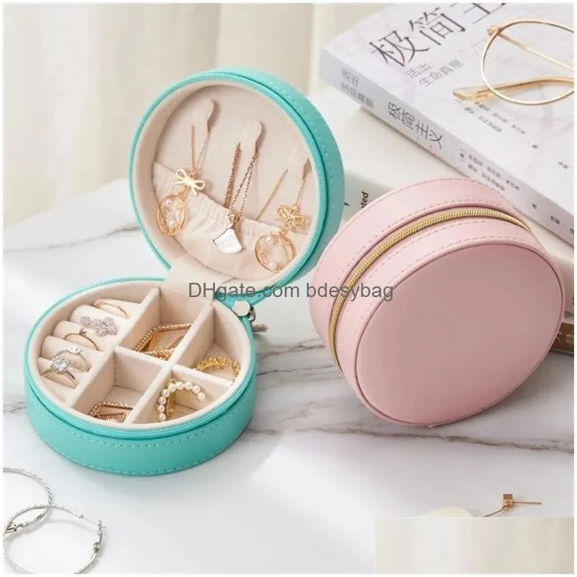 Jewelry Boxes Round Travel Box Pu Leather Case Portable Jewellery Organizer Holder For Rings Earrings Necklace Drop Delivery Dhgarden Dhs2G