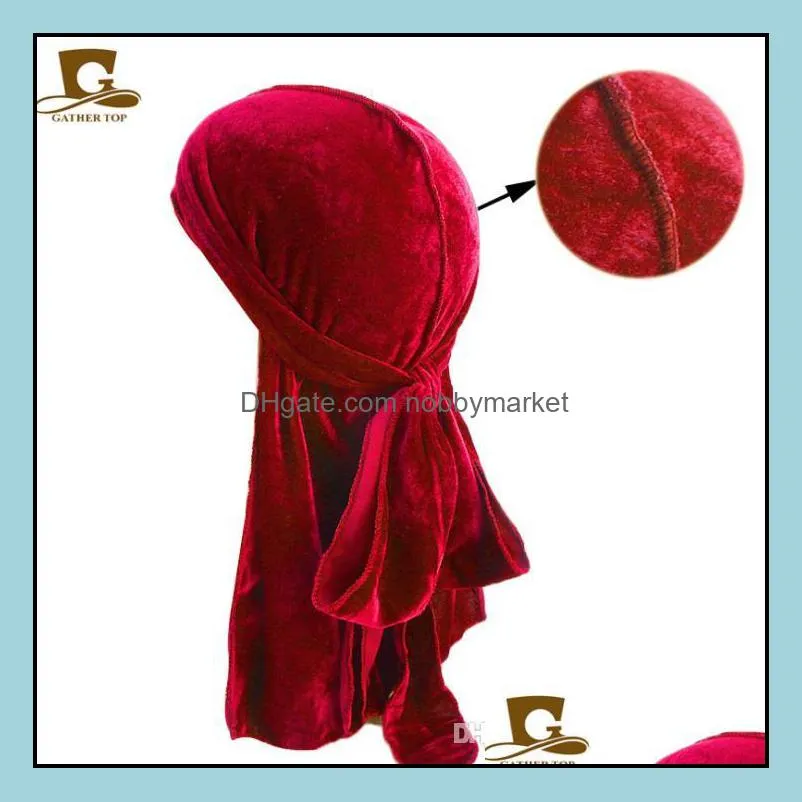 New Men Women Bandana Velvet Turban Hat Durag Hip hop Headwear Headscarf long tail headwrap Skull Cap Pirate Hat For Men And Women