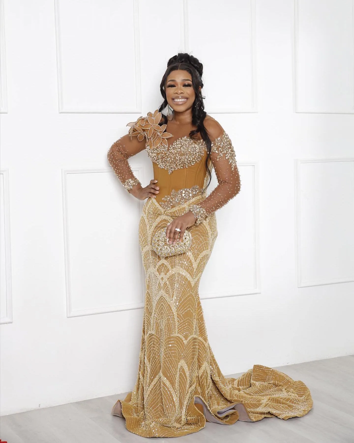 2024 Aso Ebi Gold Florals Illusion Mermaid Prom Dress Beaded Crystals Evening Formal Party Second Reception 50th Birthday Engagement Gowns Dresses Robe De Soiree