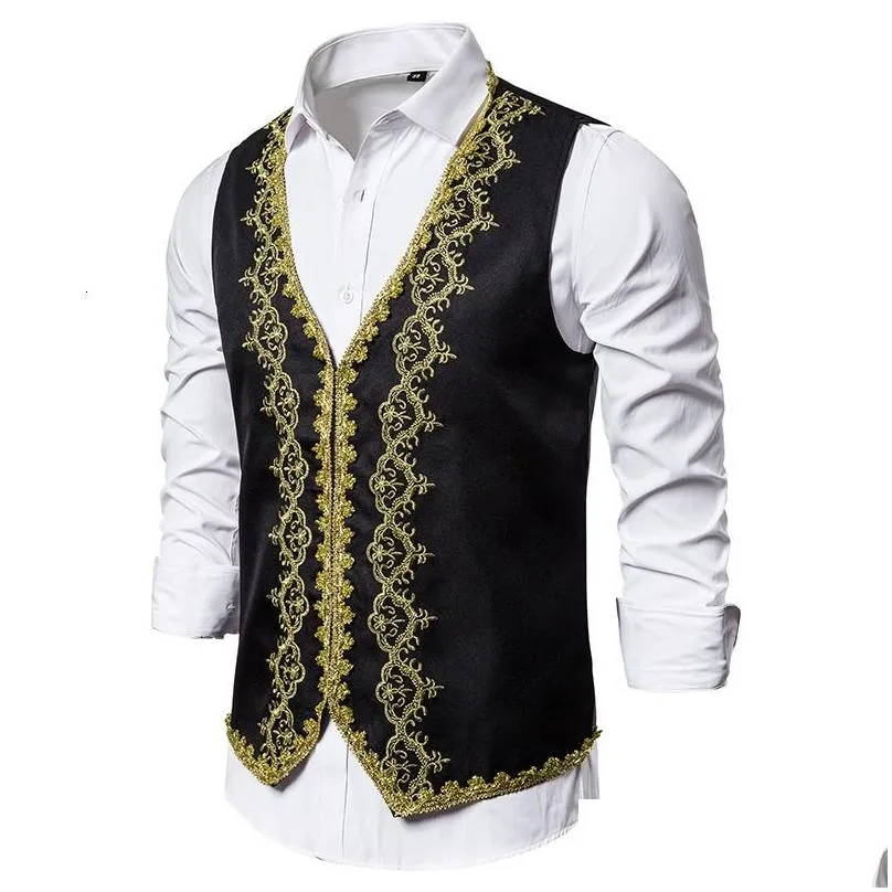 Men`S Vests Mens Stylish Gold Embroidery Baroque Vest Men Slim Fit Prince Black Waistcoat Stage Prom Drama Opera Costume Drop Delivery Dhzwf