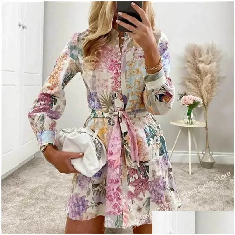Basic & Casual Dresses Boho Inspired Mticolored Floral Print Summer Dress Women Buttons Down Belted Long Sleeve Woman Elegant Ladies Dho1D