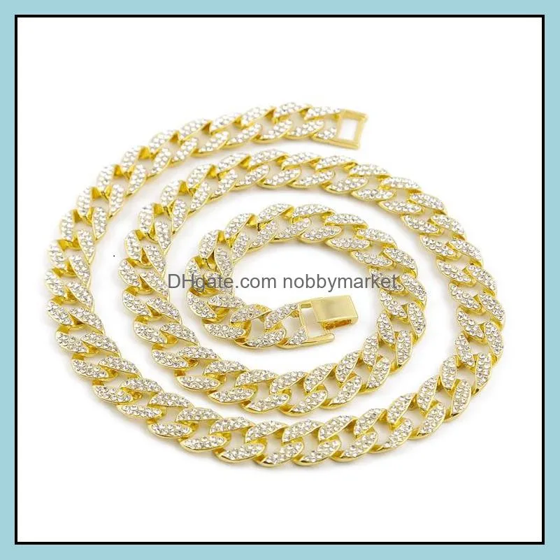 Whosale 16Inch 18Inch 20Inch 22Inch 24Inch 26Inch 28Inch 30Inch Iced Out Rhinestone Gold Silver  Cuban Link Chain Men Hiphop