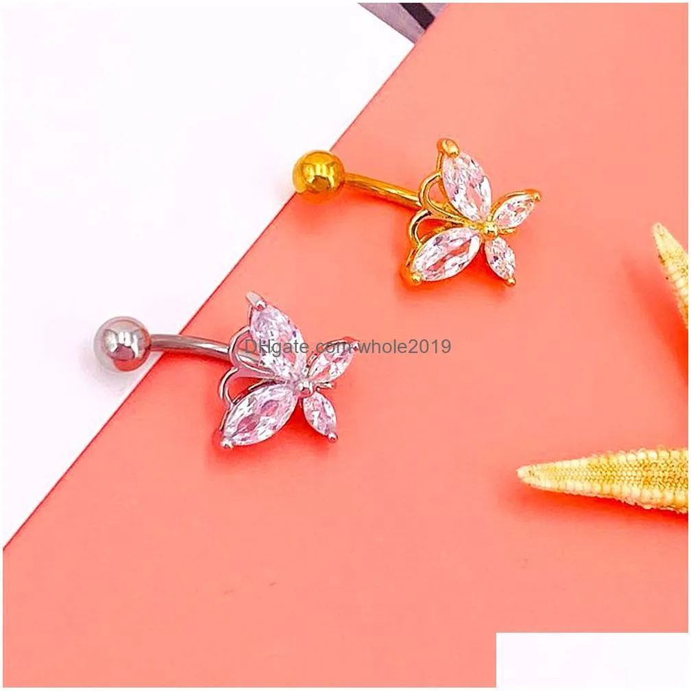 Navel & Bell Button Rings New Fashion Stainless Steel Zircon Ring Butterfly Belly For Women Girls Y Piercing Nail Body Drop Delivery Dhcog