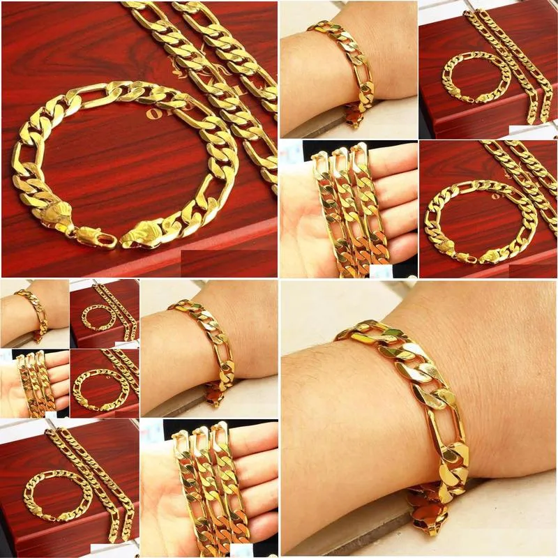 Bracelet & Necklace Heavy Wide 12Mm 18K Solid Gold Filled Mens Add 23.6 Chain Set Birthday Gift Drop Delivery Jewelry Sets Dhr3P