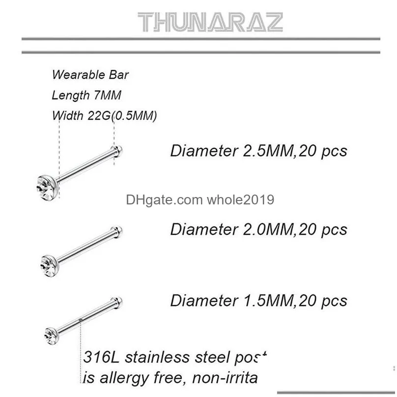 Nose Rings & Studs 60Pcs Stainless Steel Piercing Pin Body Jewelry 1.5Mm 2Mm Drop Delivery Dhklo