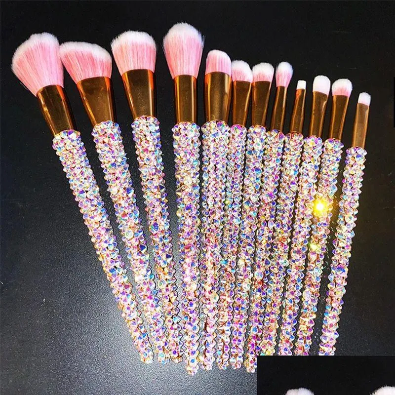 12Pcs/set Diamond-studded Makeup Brushes Gems Makeup Beauty Tools Full Diamond Loose Powder Foundation Concealer Brush Bling 240326