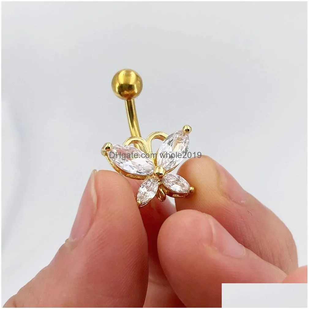 Navel & Bell Button Rings New Fashion Stainless Steel Zircon Ring Butterfly Belly For Women Girls Y Piercing Nail Body Drop Delivery Dhcog