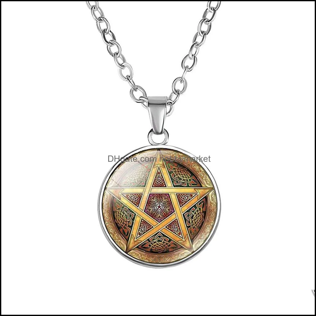 10PC Personality Pentagram Wicca Pendant Necklace Occult Charm Zinc Alloy Glass Photo Jewelry Silver Pendants Necklaces