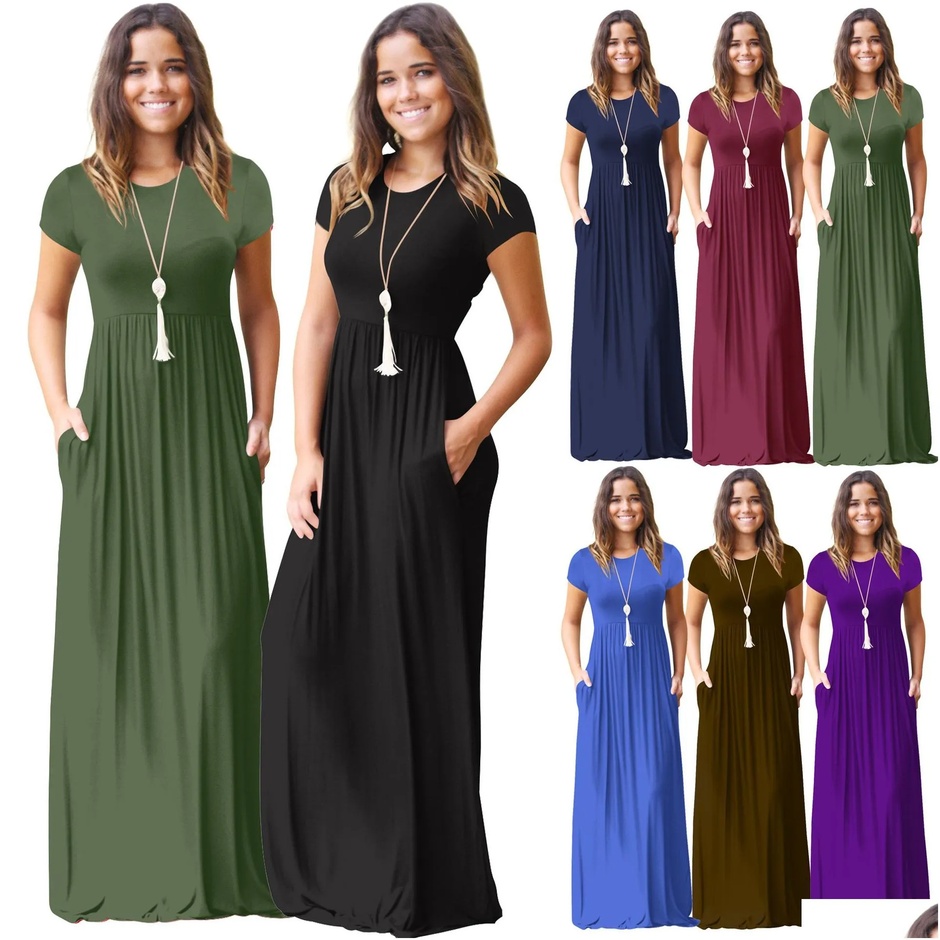 Basic & Casual Dresses Summer Dress Plus Size Womens Clothing Designer Women Short Sleeve Loose Plain Long Maxi With Pockets Clothes Dh48Q