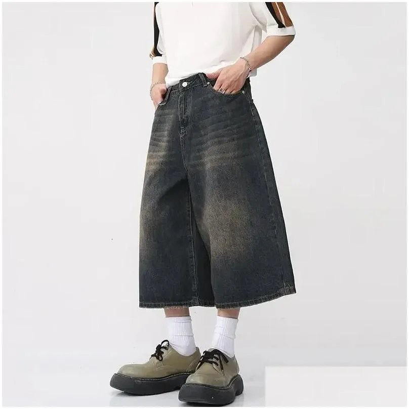 Men`S Shorts Y2K Mens Vintage Streetwear Breeches Korean Harajuku Denim Wide Leg Trouser Short Pants Jorts Bermudas Jeans Alt Clothes Dhve9