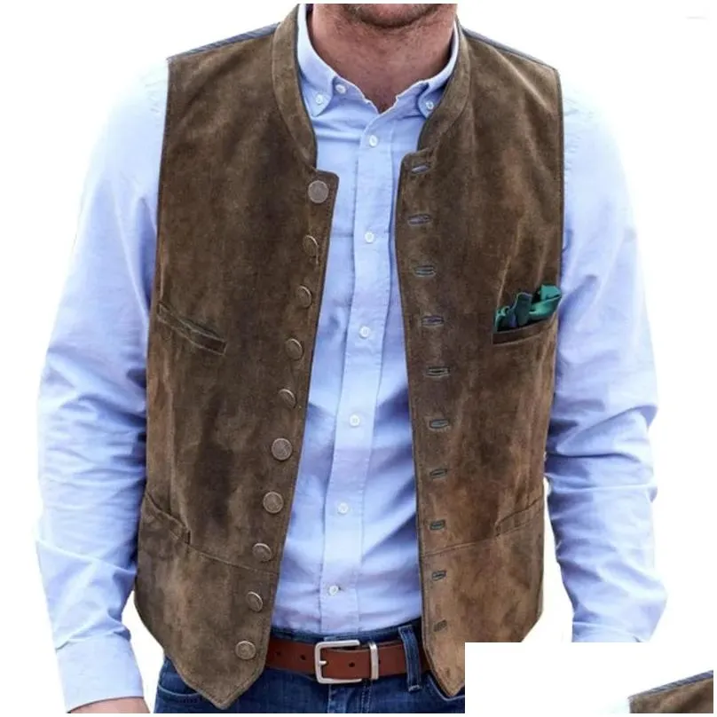 Men`S Vests Mens Deerskin Veet 10-Button Suit Vest Man Wedding Clothing Jacket Victorian Style Steampunk Casual Business Drop Delivery Dhthm