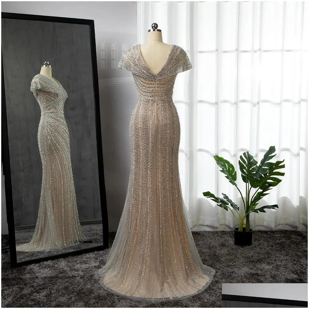 Runway Dresses Serene Hill Sier V-Eeck Mermaid Elegant Evening Gowns Beaded Luxury Sparkle For Women Party La71686 240201 Drop Delive Dhfmr