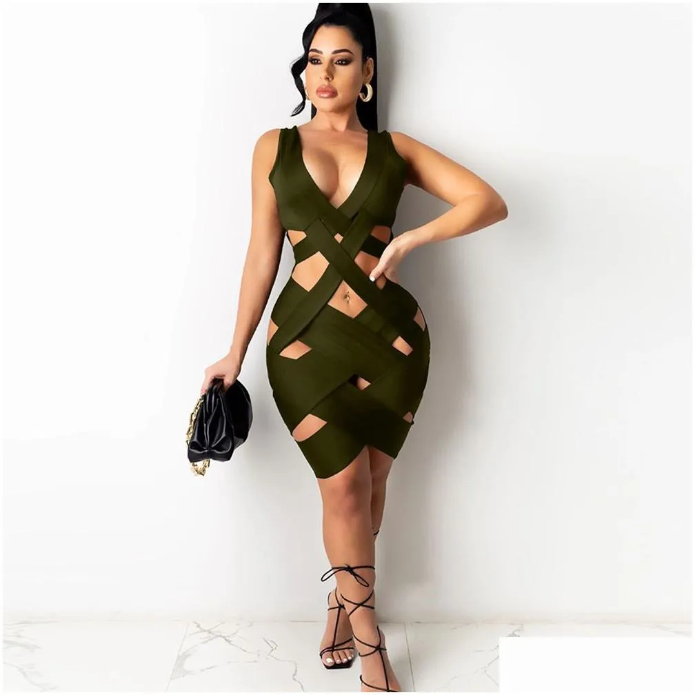 Basic & Casual Dresses Hollow Out V Neck Y Dress Women New Summer Weave Sleeveless Backless Bandage Female Party Clubwear Bodycon Min Dhso8