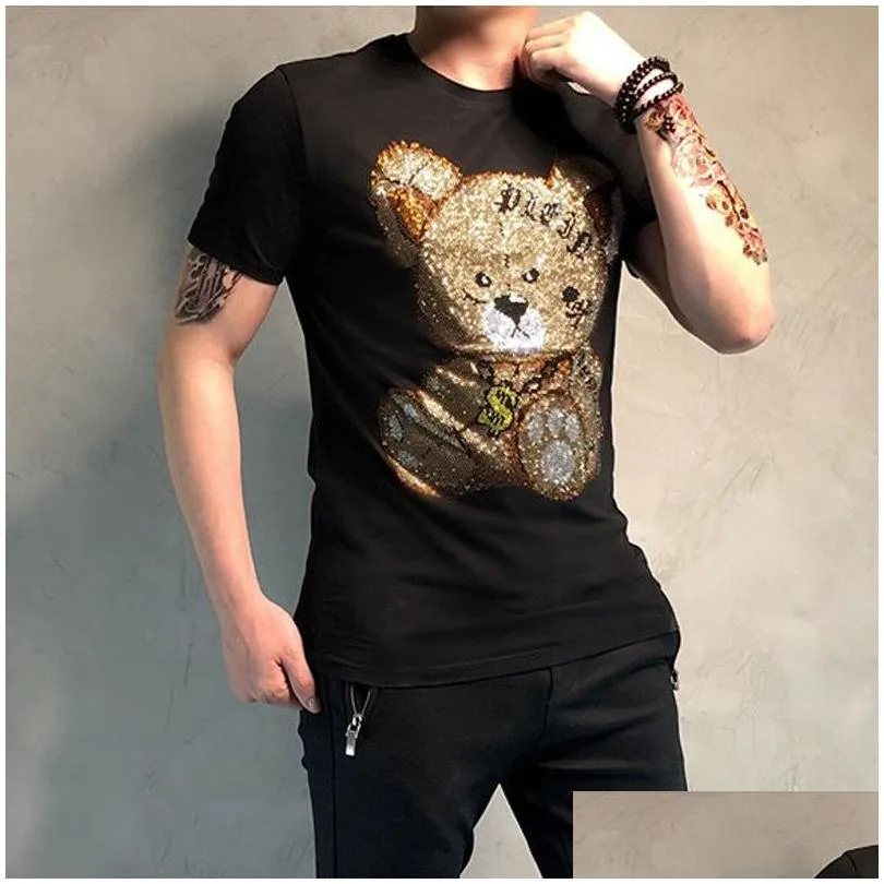 Men`S T-Shirts Rhinestones Tshirt Men T Shirt Uni Streetwear Slim Mens Short Sleeve Shirts Diamond Inlaid Teddy Bear Toy Plus Size Coo Dhnx9