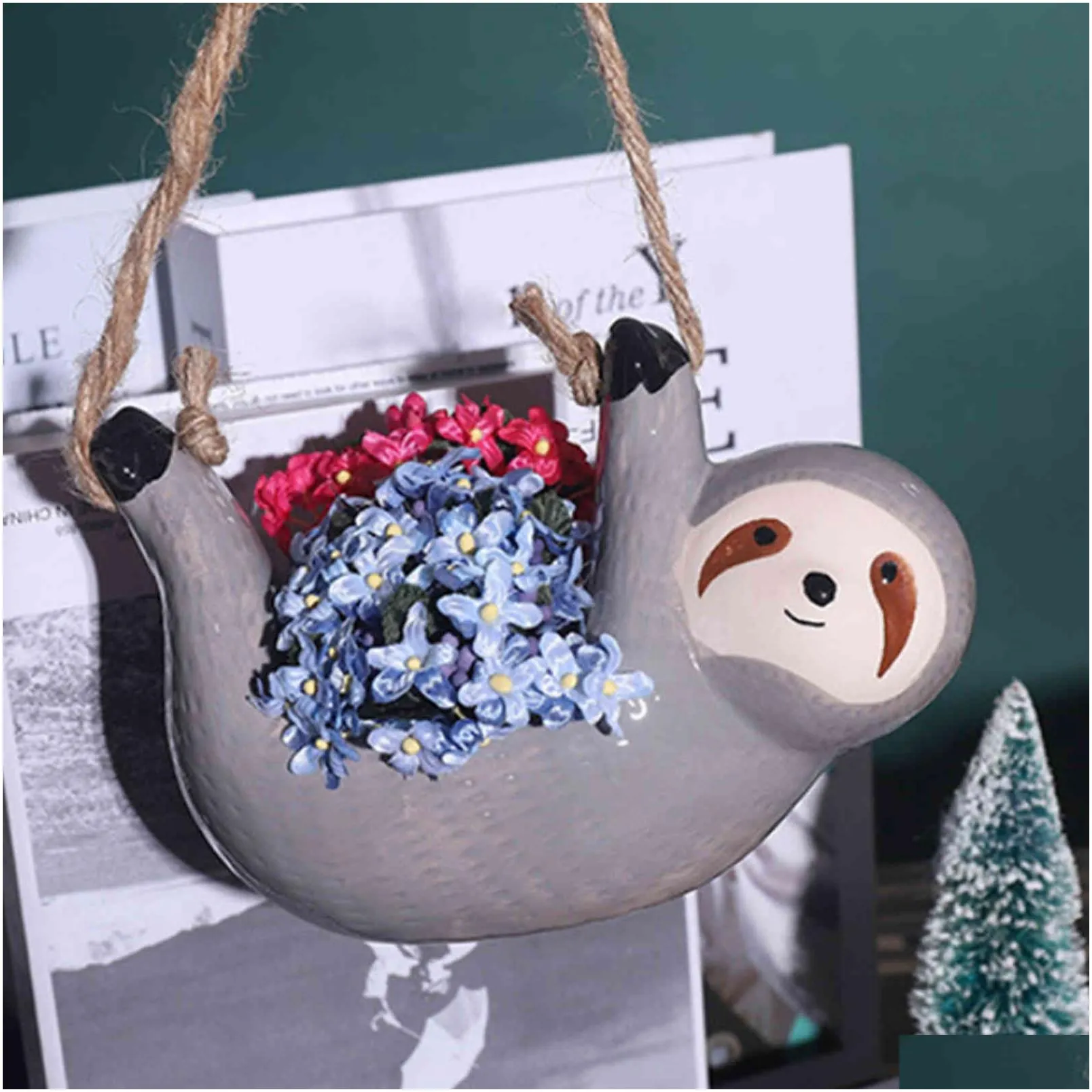 Planters & Pots Ceramic Sloth Hanging Succent Planter Cute Animal Small Plant Pot For Cactus Air Plants Flowers Herbs Garden Decoratio Dh7Vz