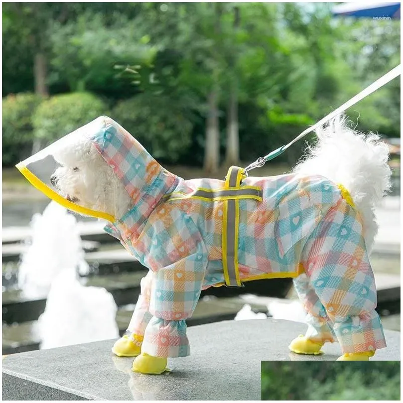 Dog Apparel Spring Summer Pet Clothes Kitten Puppy Hooded Four-Legged Raincoat Reflective Waterproof Harness For Small And Medium-Siz Dh7Cf