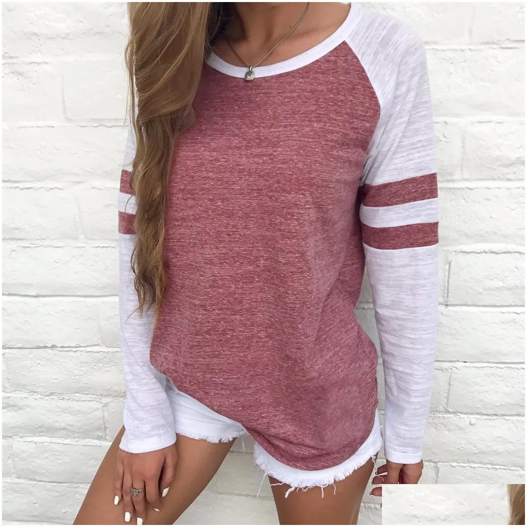 Women`S T-Shirt Baseball Striped T-Shirts Top Girls Tshirt Autumn Spring Women O Neck Long Sleeve Tops Tee Female T Shirt S-4Xl Drop D Dhgab