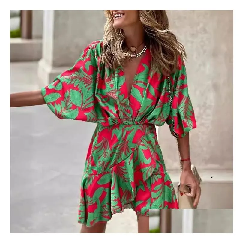 Basic & Casual Dresses Elegant V-Neck Lace Up Printed Dress Women Lantern Sleeve Split Hip Package Ladies Summer Floral Female Vestid Dhgws