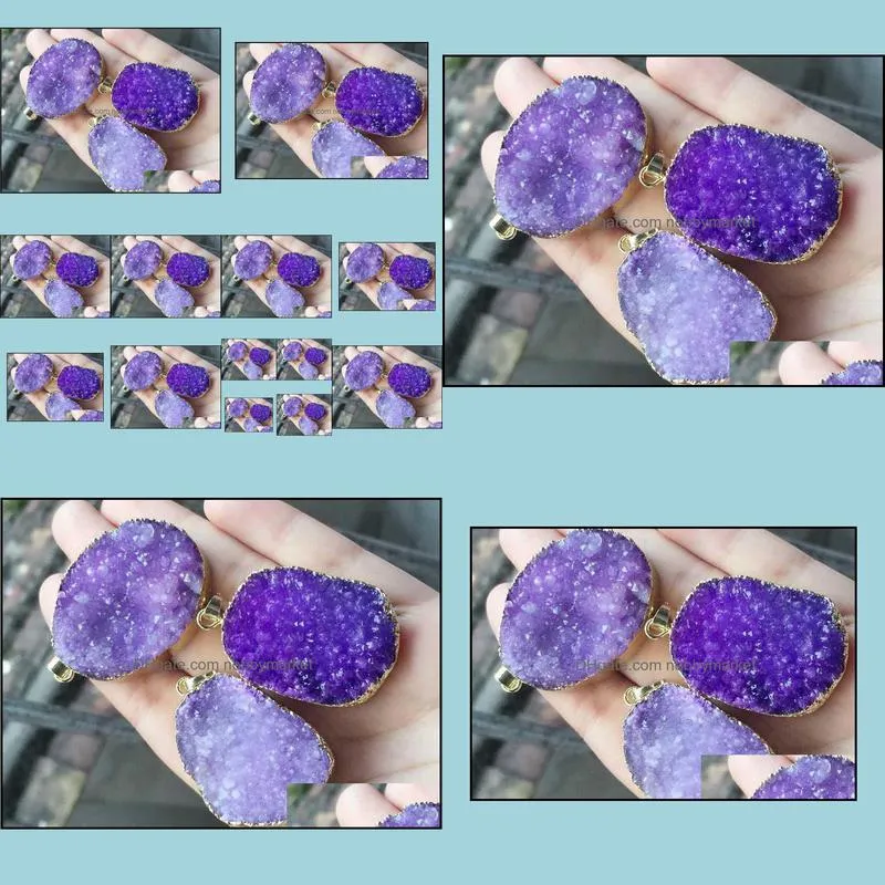 Fashion HOT 6pcs Gold plated Purple Nature Quartz Druzy Geode pendant Drusy Crystal Gem stone connector Beads Jewelry findings