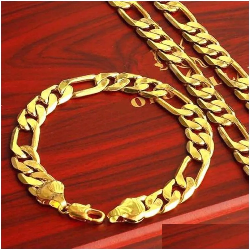 Bracelet & Necklace Heavy Wide 12Mm 18K Solid Gold Filled Mens Add 23.6 Chain Set Birthday Gift Drop Delivery Jewelry Sets Dhr3P