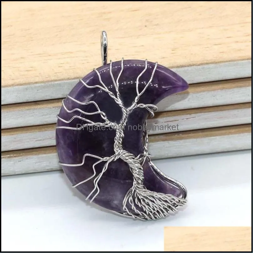 JLN Crescent Moon Shape Wire Wrapped Life Tree Gemstone Pendant Amethyst Tiger Eye Quartz Stone Charm With Brass Chain Necklace Gift