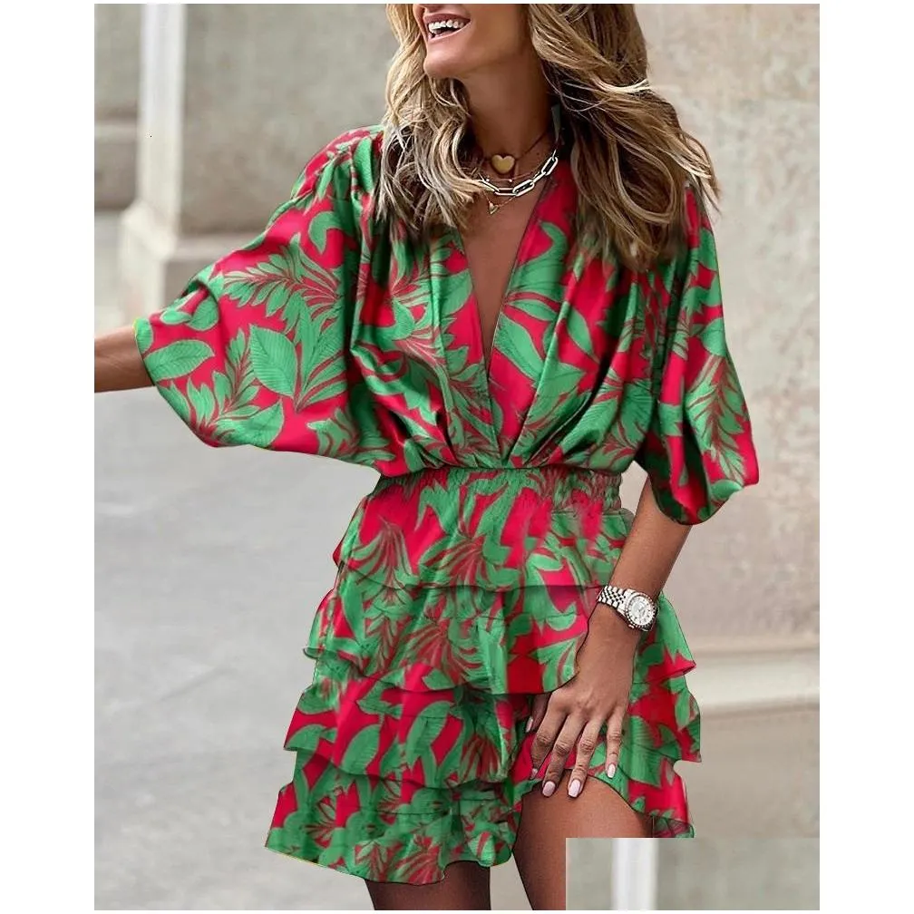 Basic & Casual Dresses Leaf Print Sleeve Dress Lady Irregar Party Y Vneck Women Mini 230214 Drop Delivery Apparel Women`S Clothing Dh5Qx