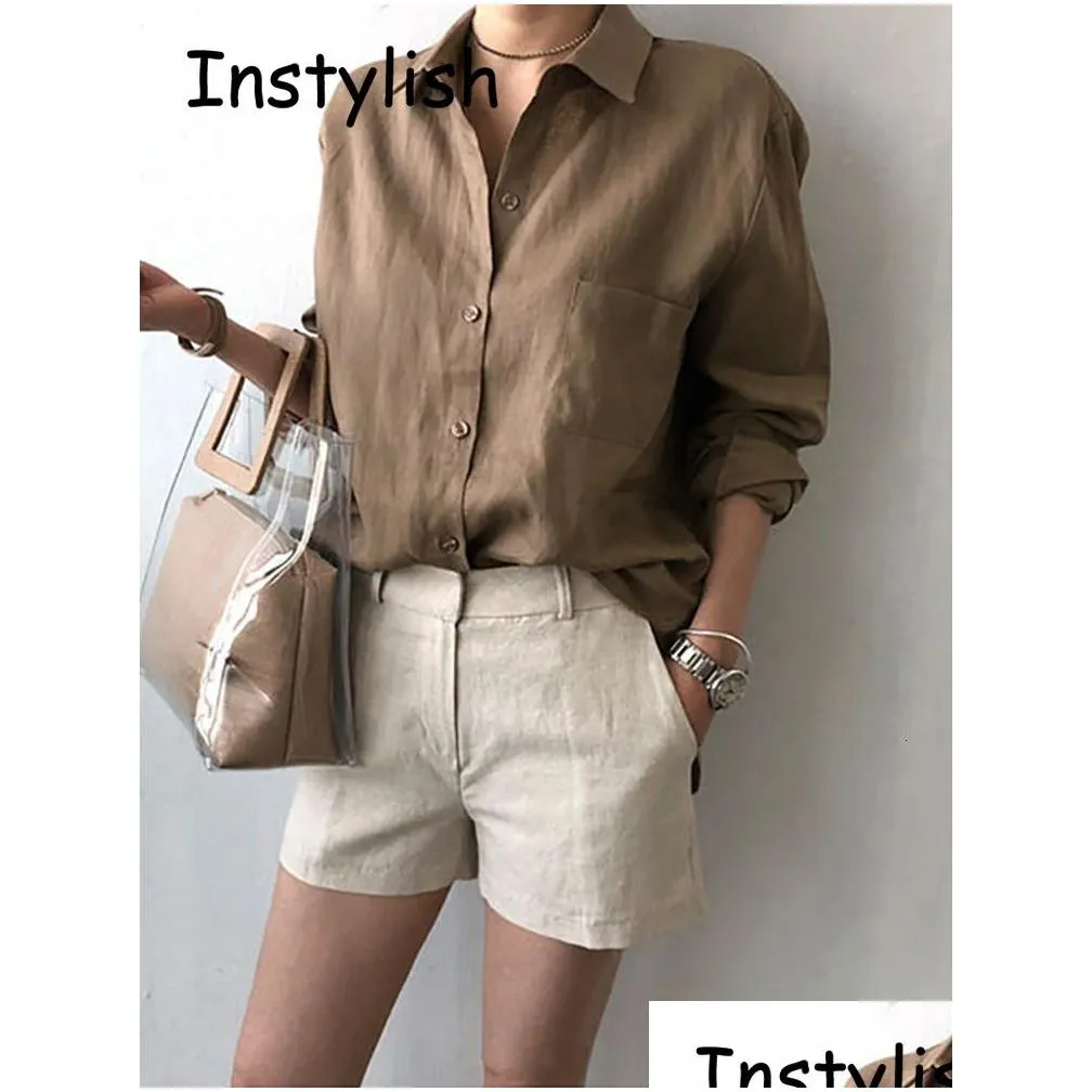 Women`S Blouses & Shirts Womens Leisure Long Sleeve Cotton Linen Loose Shirt Women Spring Summer Vintage Harjauku Streetwear Oversize Dhgoi