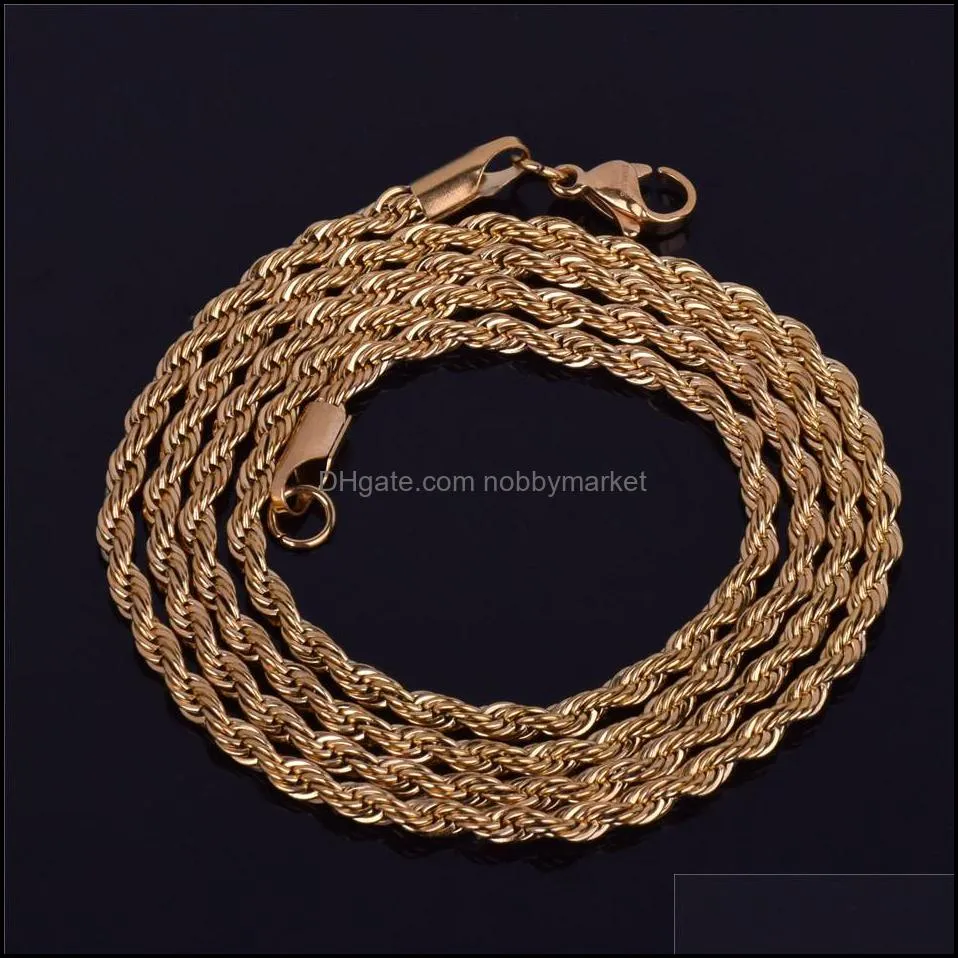 Mens Hip Hop Rappers Chain 3mm 18 20 24 30 Gold Silver Color Stainless steel Rope Link Necklace Hip hop Jewelry For Women