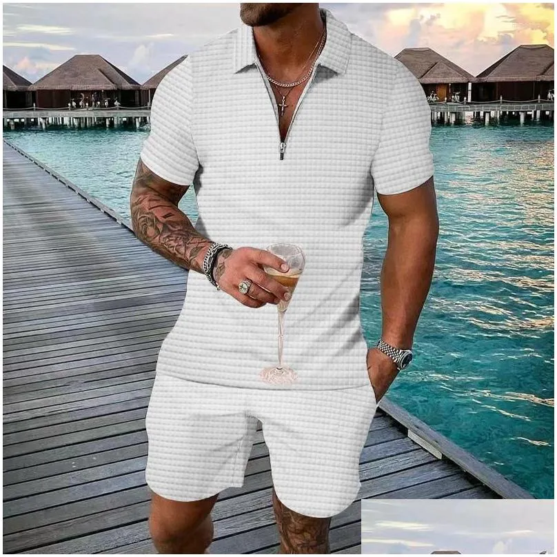 Men`S Tracksuits Mens Summer Fashion Short Sleeve Men 2Pcs Suit Fit Male Casual Social Leisure Gri Fitness Sports Sets Drop Delivery Dholg