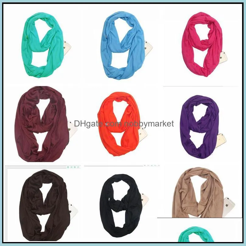 Women Scarf Infinity Scarves With Zipper Pocket 22 colors Lightweight Pure color Ring Scarf Scarfs Storage Bib Christmas Gift C345