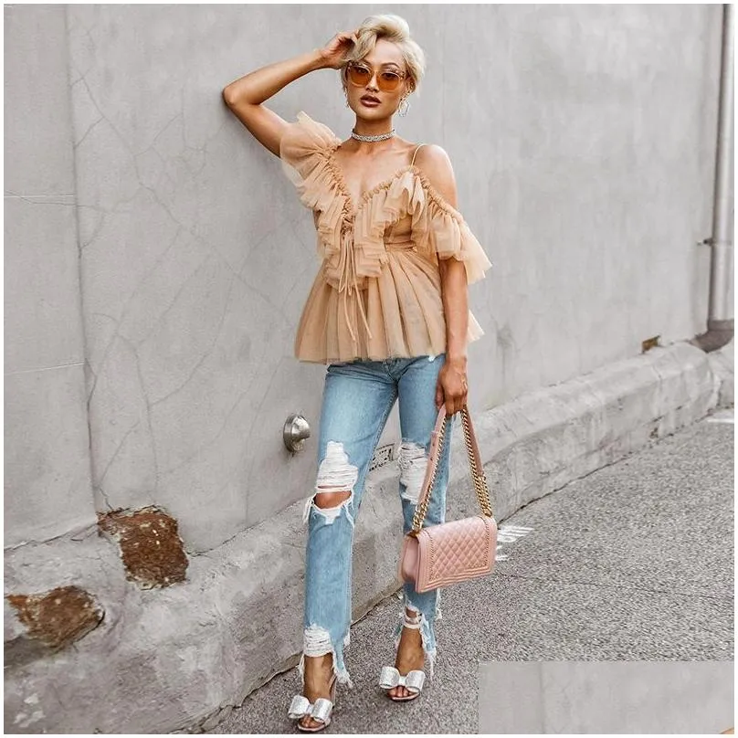 Women`S Blouses & Shirts Women Vintage Ruffle Summer Blouse Top Off Shoder Y Peplum Female Mesh Backless Feminine Blusas Drop Deliver Dh4Bt