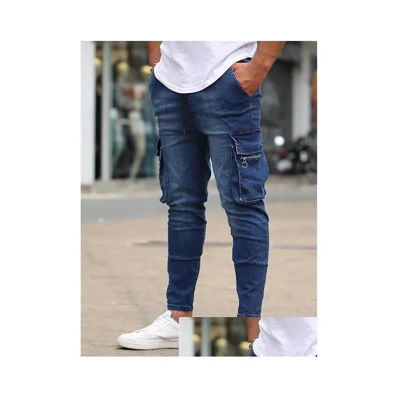 Men`S Jeans Mens Stretch Black Big Side Pockets Cargo Fashion Zipper Small Foot Denim Pants Elastic Jogging Trousers Streetwear 23122 Dhyah