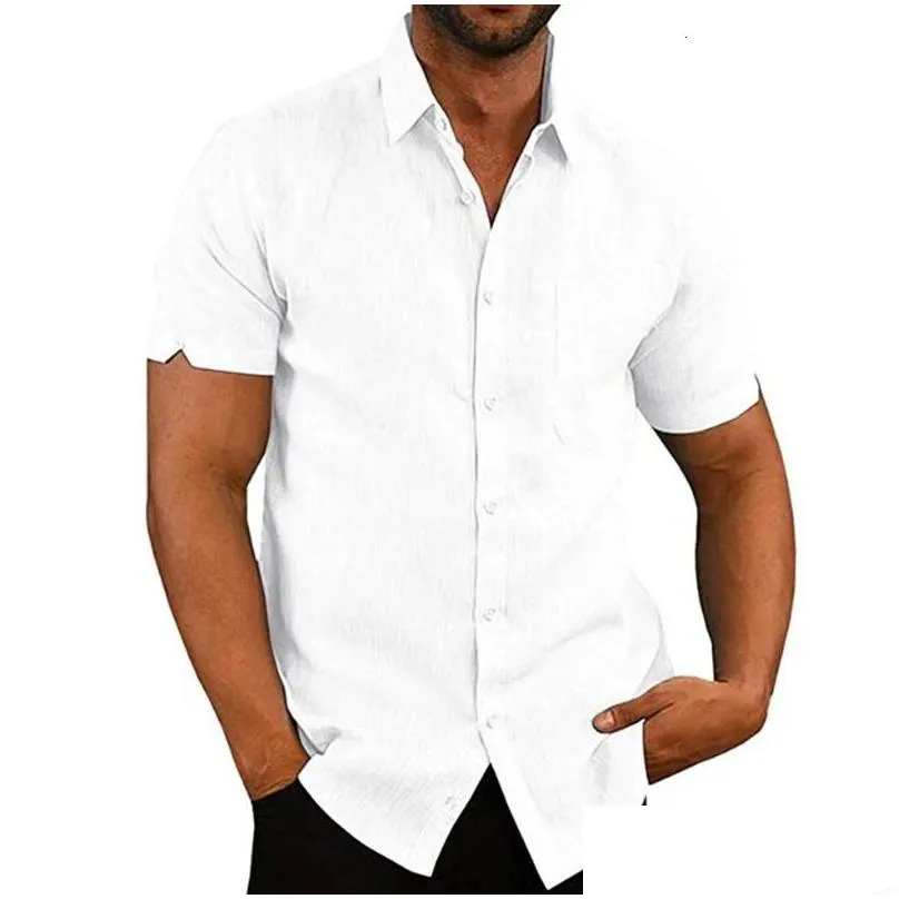 Men`S Dress Shirts Summer Cotton Linen For Men Casual Short Sleeved Blouses Solid Turn-Down Collar Formal Beach Male Clothing 240112 Dhdha