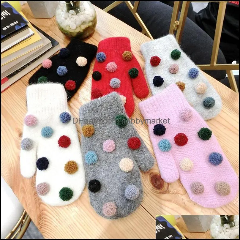 Five Fingers Gloves Christmas Gift Pom Fingerless Mittens Warm Winter Women Fur Knitted Blended Warmer Red Mitten Outdoor