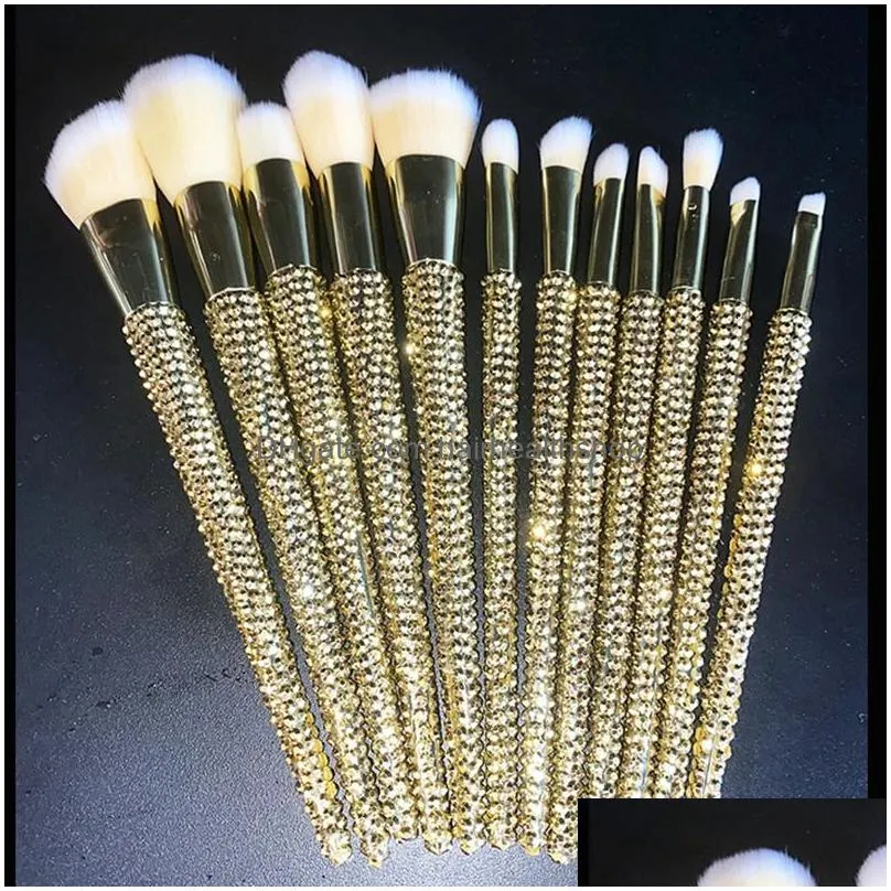 12Pcs/set Diamond-studded Makeup Brushes Gems Makeup Beauty Tools Full Diamond Loose Powder Foundation Concealer Brush Bling 240326