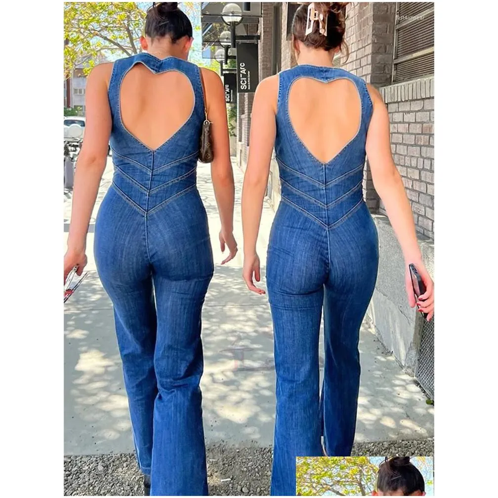 Women`S Jumpsuits & Rompers Backless Heart Cutout Bodycon Jumpsuit For Women Casual Sleeveless Slim One-Piece Outfits Retro Denim Dro Dhkp5