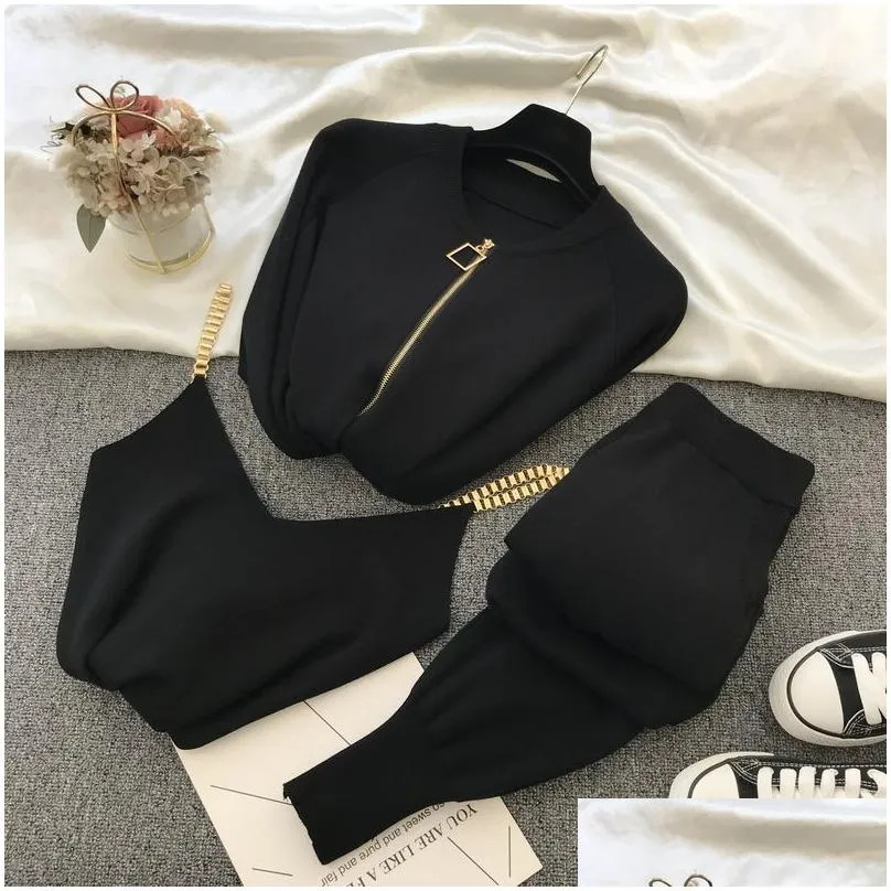 Women`S Two Piece Pants Women Zipper Knitted Cardigans Sweaters Add Sets Vest Woman Fashion Jumpers Trousers 2 Pcs Costumes Outfit 20 Dhnnb