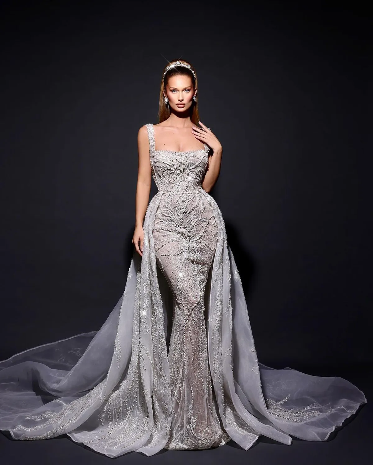 Exquisite Mermaid Wedding Dresses Square Luxury Lace Pearls Beads Tulle Detachable Train Backless Custom Made Plus Size Bridal Gown Vestidos De Novia