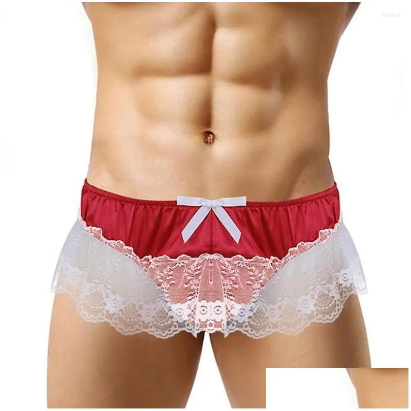 Underpants Gay Men Lace G-String Sissy Skirt T-Back Tong Ruffle Erotic Lingerie Pouch Panties Y Satin Briefs Underwear Wear A50 Drop Dhbwk