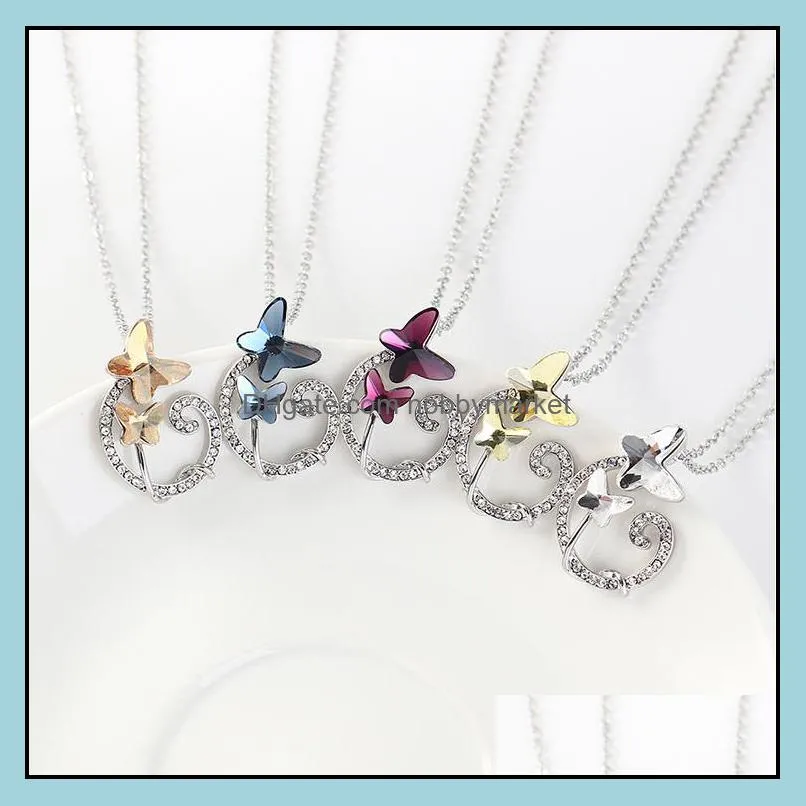 Dancing Lightly Butterfly Charm Pendants Statement Sweater Chokers Necklaces Austrian Crystal Clavicle Chains Wedding Women Fashion Fine Jewelry