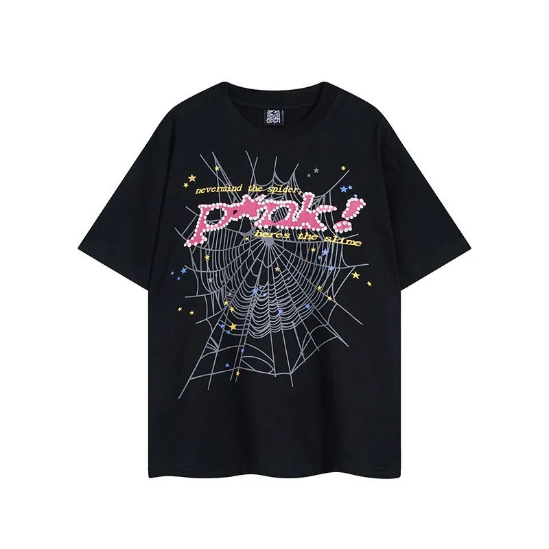 Men`s and Woen`s T-shirt singer YoungThug spider web print loose casual niche trendy couple pure cotton street trendy T-shirt SIZE